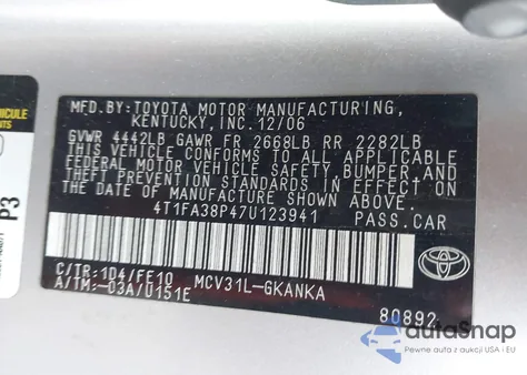 2007 Toyota Camry Solara Se from USA, damaged, VIN 4T1FA38P47U123941